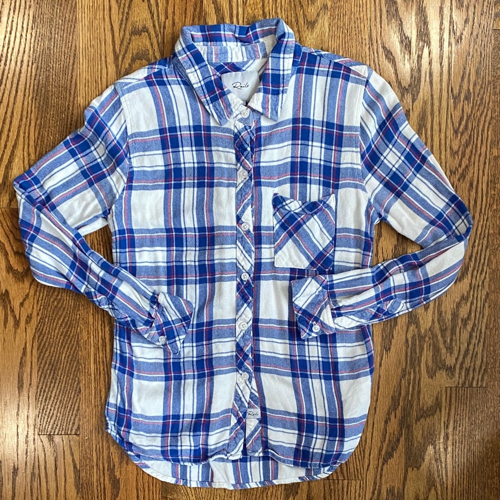 Blue/white/red plaid women’s Rails button down shirt, size S.
